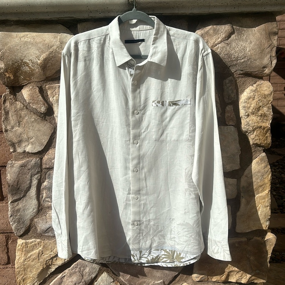 Elie Tahari White Linen Shirt Hawaiian Button Down Long Sleeve Men’s Size XL